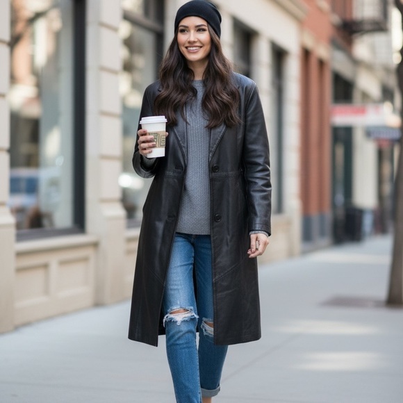 Liz Baker Genuine Leather Coat Black M - Picture 3 of 8